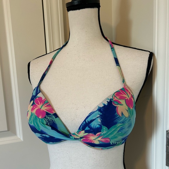 Vibrant 80s Floral Halter Bikini Top pushup - Picture 2 of 5
